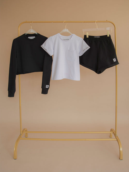 Pocket T blanco X short & Crop negros